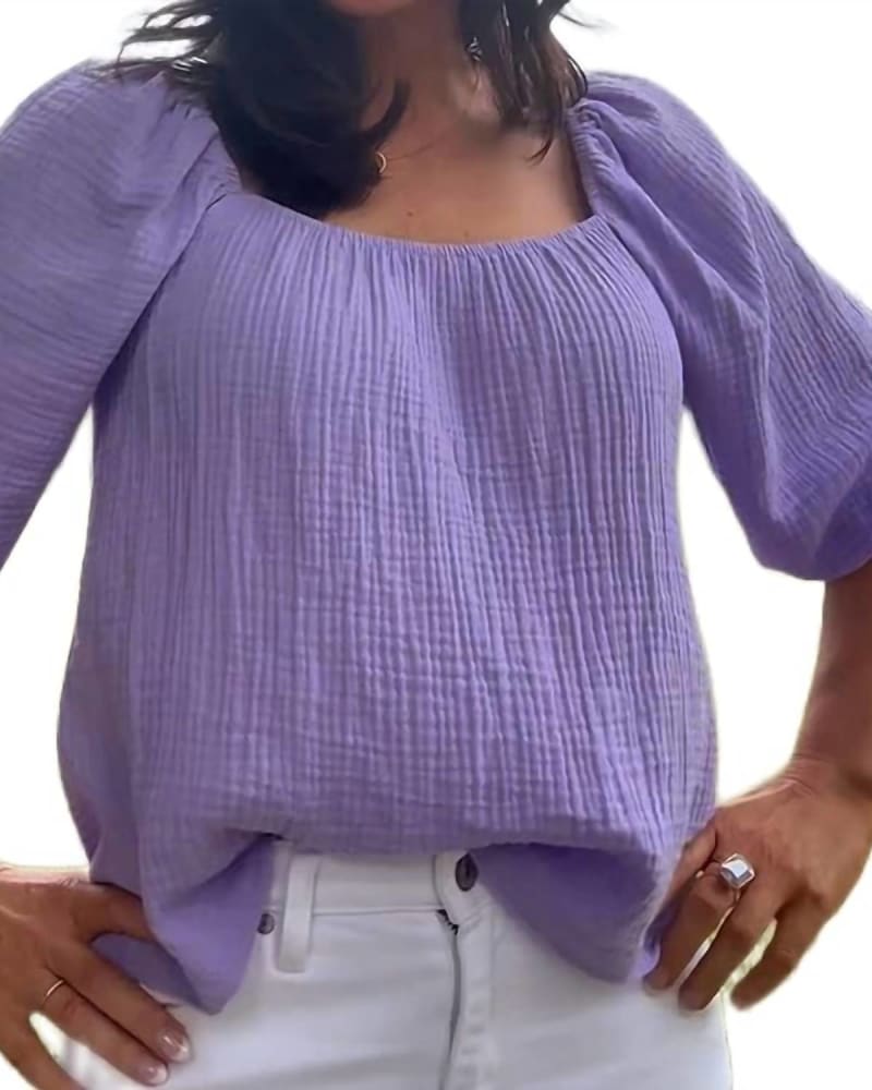 Front of a model wearing a size Large Aurora Gauze Top in Lavender in Lavender by if She Loves. | dia_product_style_image_id:332496